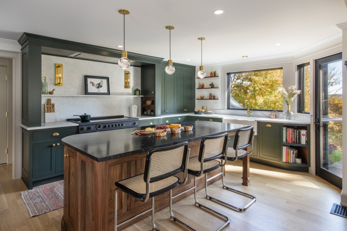 Kitchen with green cabinets and island – Whole-house Remodel in Concord, MA Remodeling by Feinmann