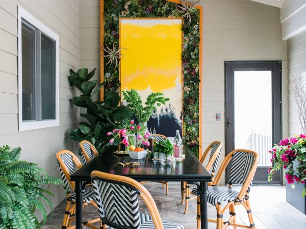 Sunroom design with bright bold colors and geometric patterns
